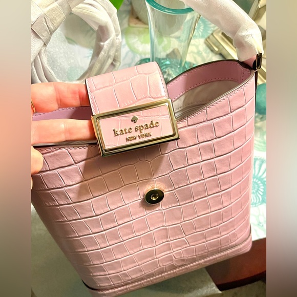 Kate spade NWT Croc Embossed Leather Crossbody/top handleBucket Bag Regan LtPink - Picture 4 of 10